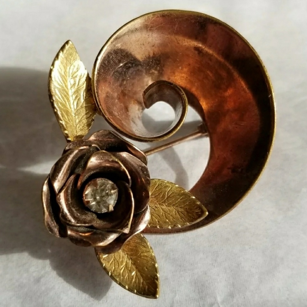 Vintage Coro rose spiral brooch pin rose gold tone floral flower